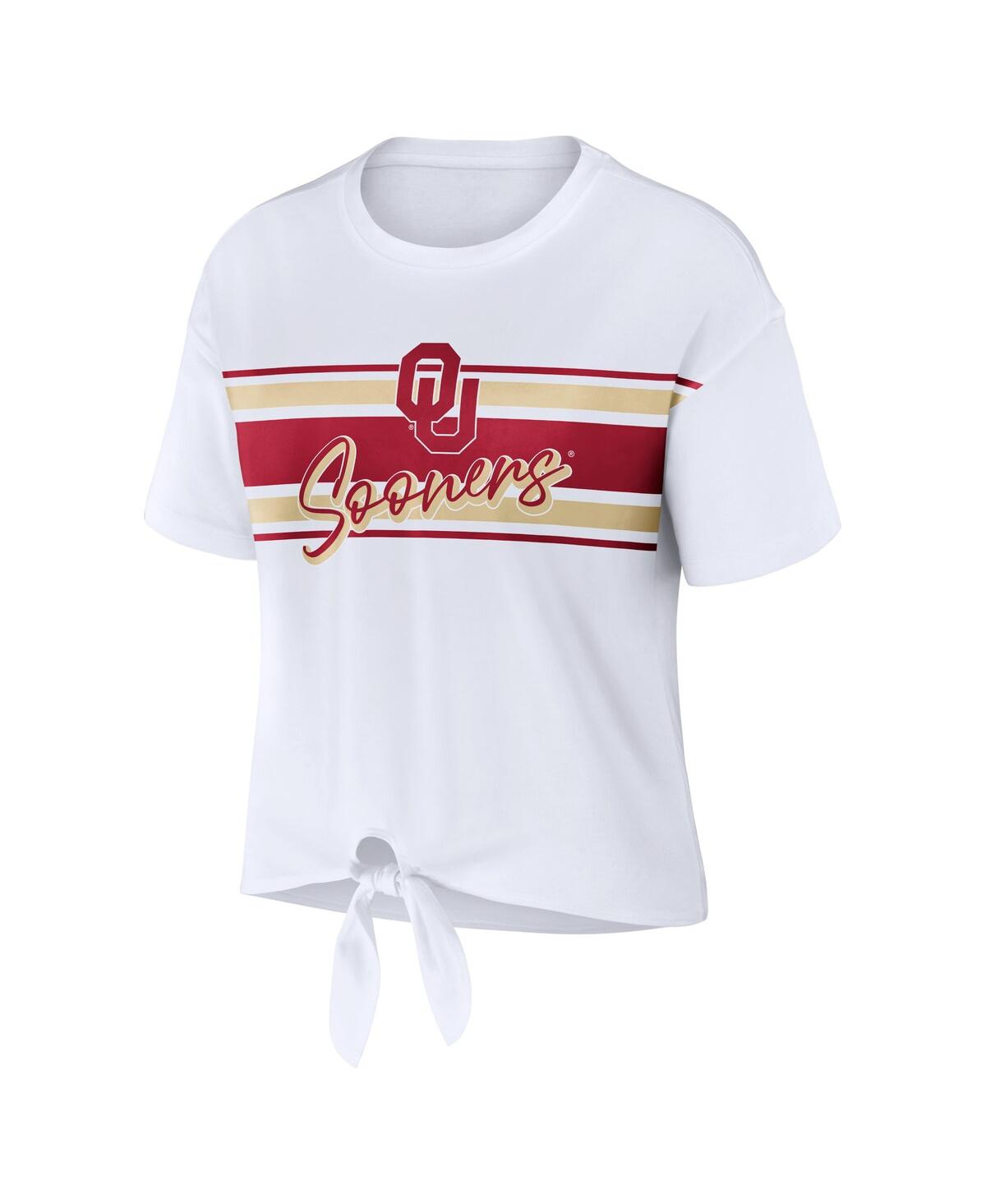 Shop Wear By Erin Andrews Women's  White Oklahoma Sooners Striped Front Knot Cropped T-shirt