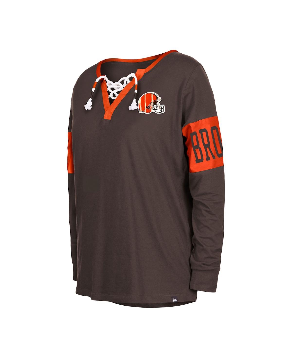 NEW ERA WOMEN'S NEW ERA BROWN CLEVELAND BROWNS LACE-UP NOTCH NECK LONG SLEEVE T-SHIRT 
