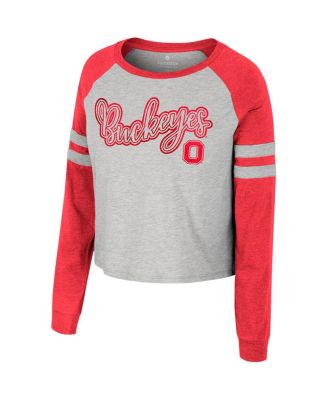 Women's Heather Gray Ohio State Buckeyes I'm Gliding Here Raglan Long Sleeve Cropped T-shirt