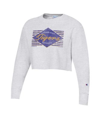 Women's Heather Gray Distressed LSU Tigers Reverse Weave&nbsp;Cropped Pullover Sweatshirt
