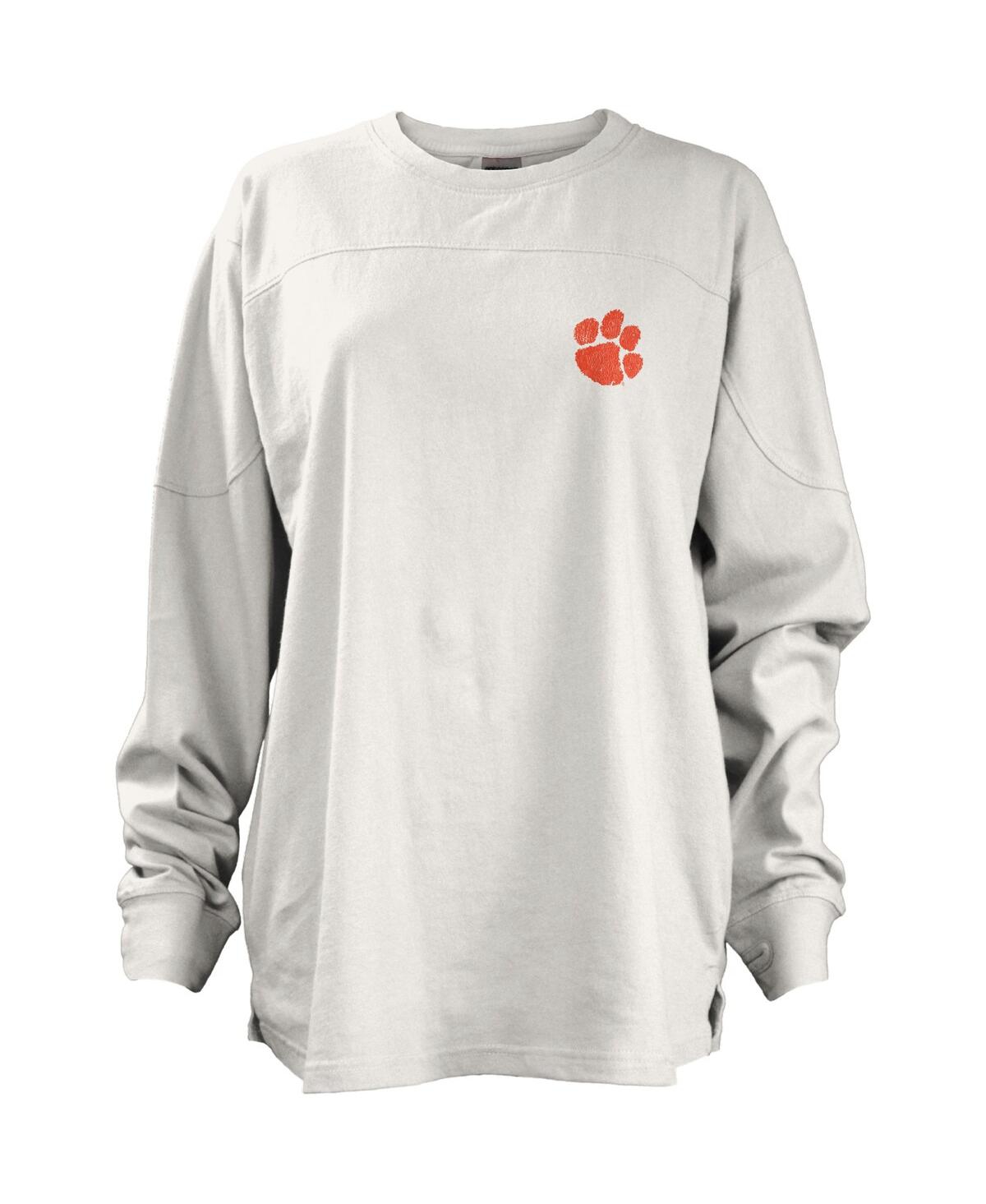 Shop Pressbox Women's  White Distressed Clemson Tigers Pennant Stack Oversized Long Sleeve T-shirt