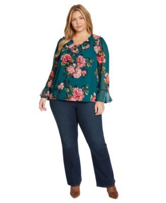 JESSICA SIMPSON TRENDY PLUS SIZE PALMER RUFFLED BLOUSE PULL ON FLARED JEANS