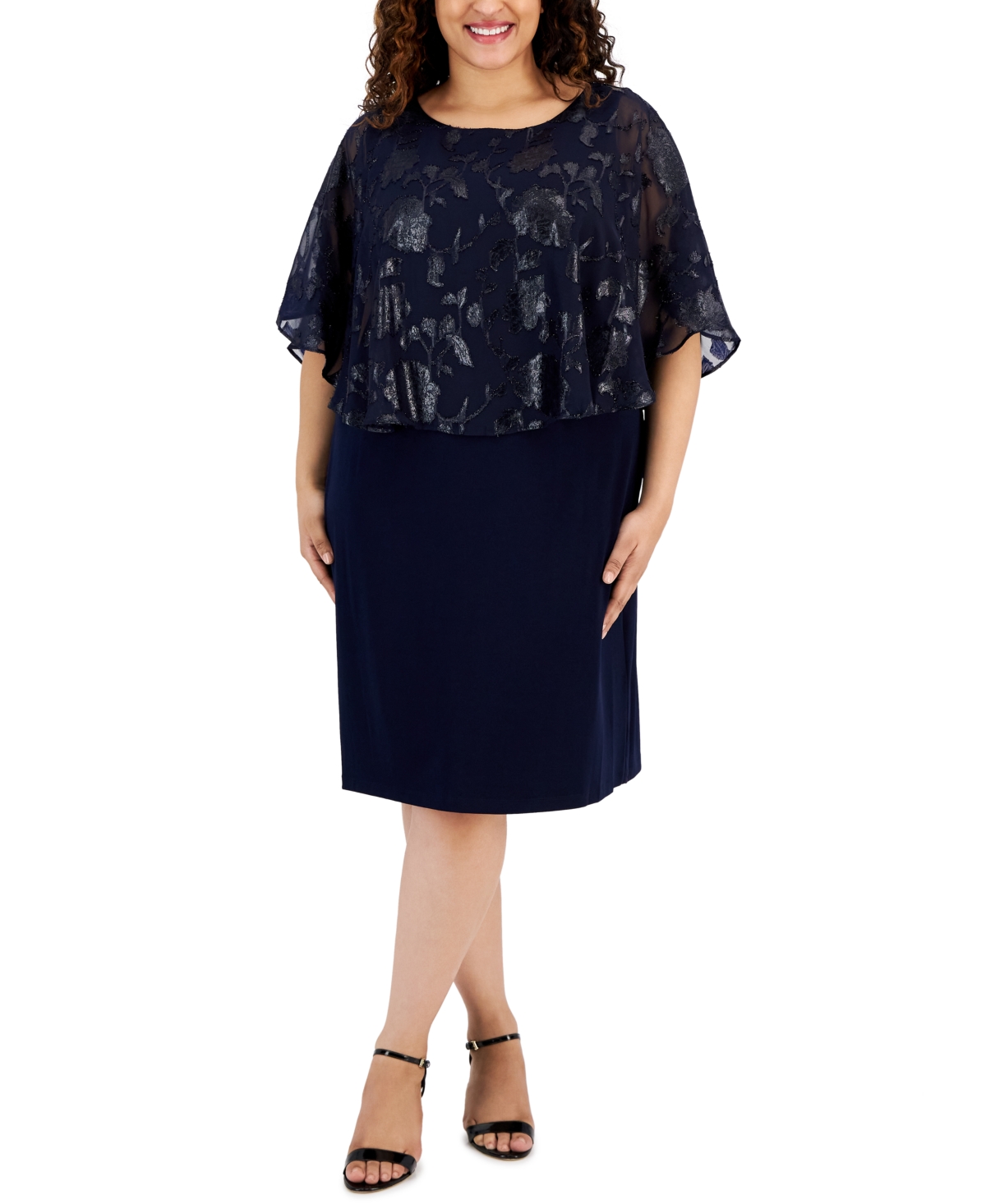 Connected Plus Size Cape-overlay Sheath Dress In Midnight