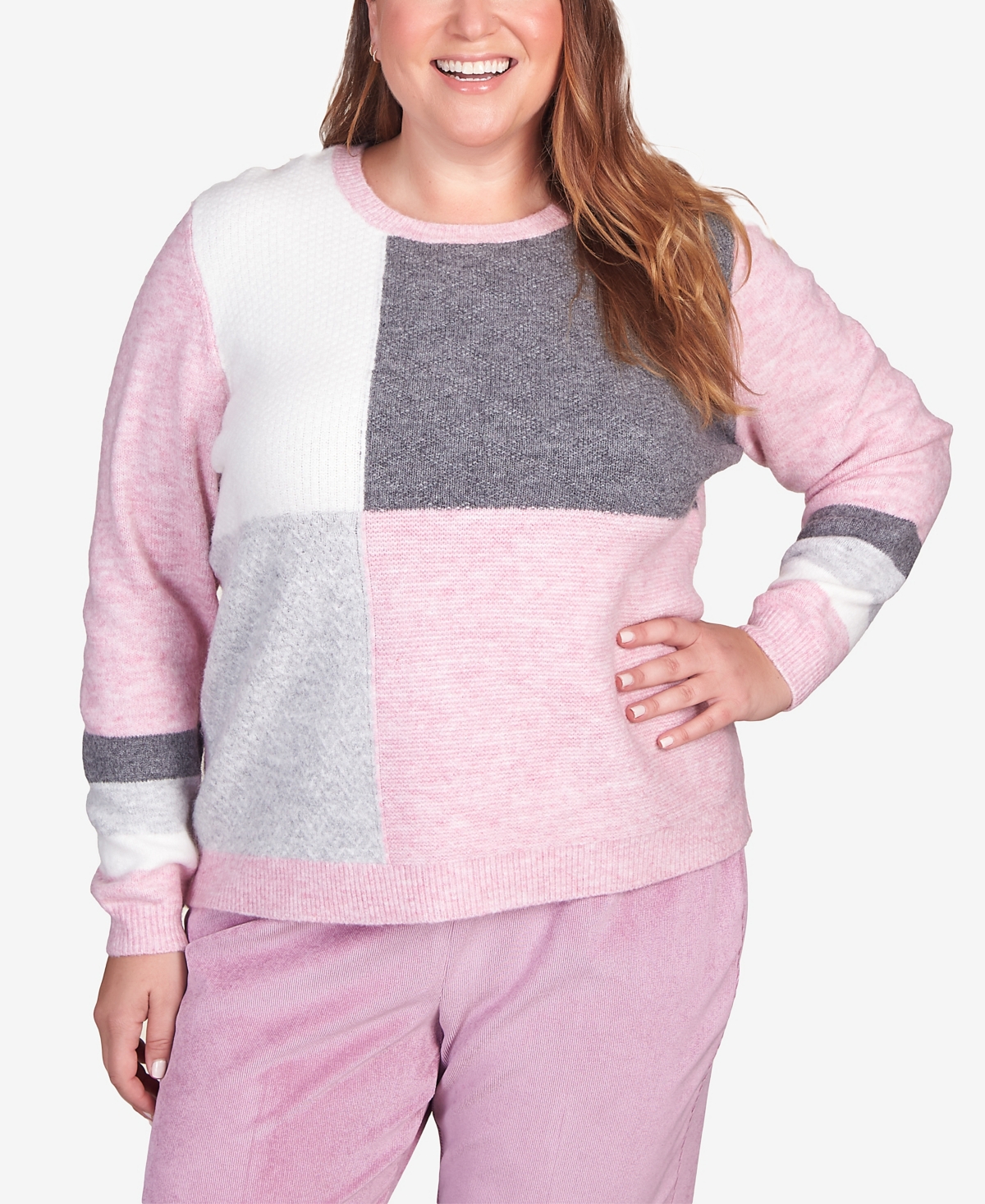 Alfred Dunner Plus Size Swiss Chalet Colorblock Texture Crew Neck