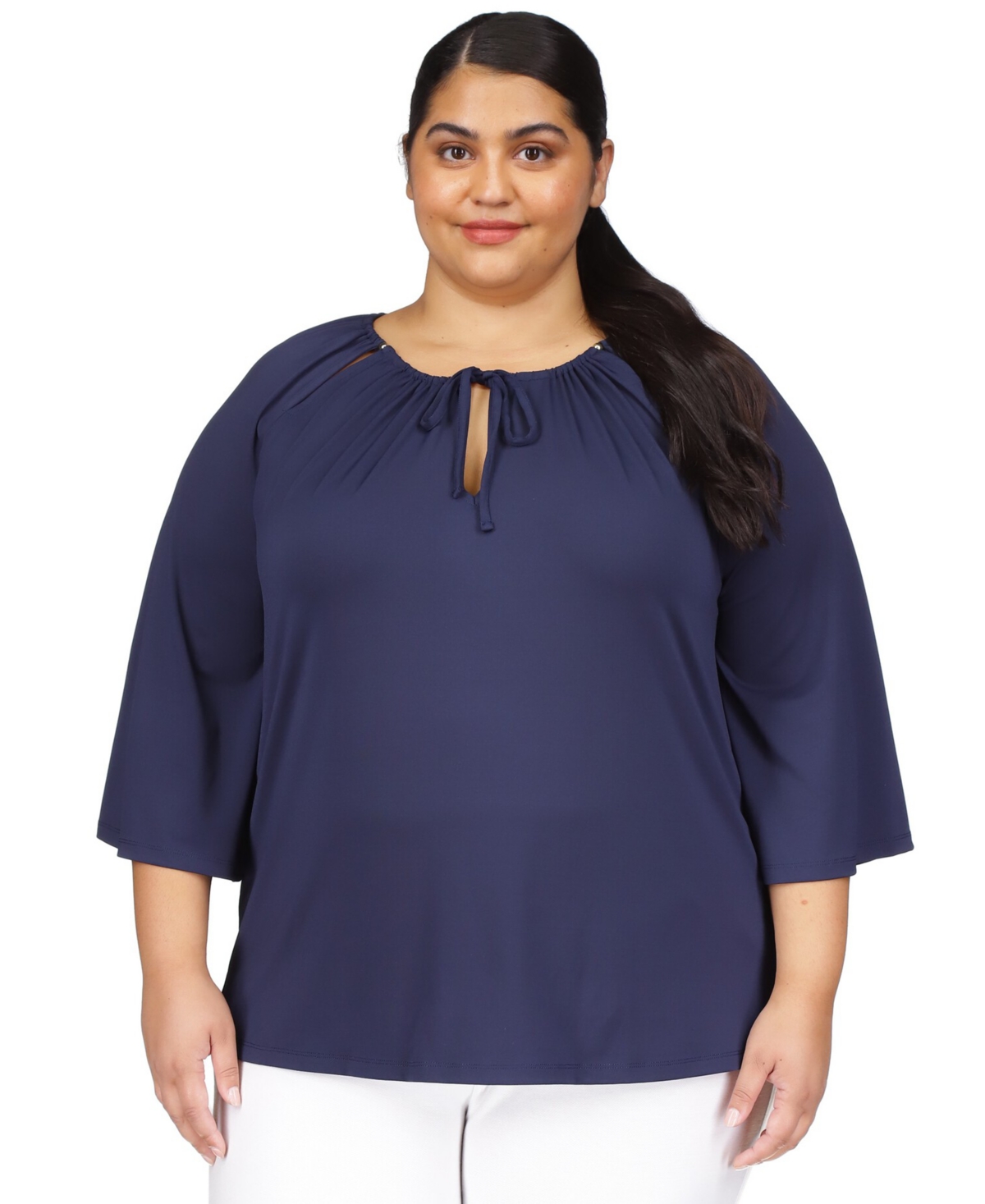 Michael Kors Michael  Plus Size Keyhole Peasant Top In Midnight Blue