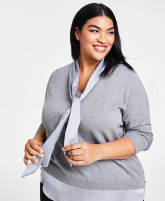 Plus Size Layered-Look Metallic-Threaded Sweater