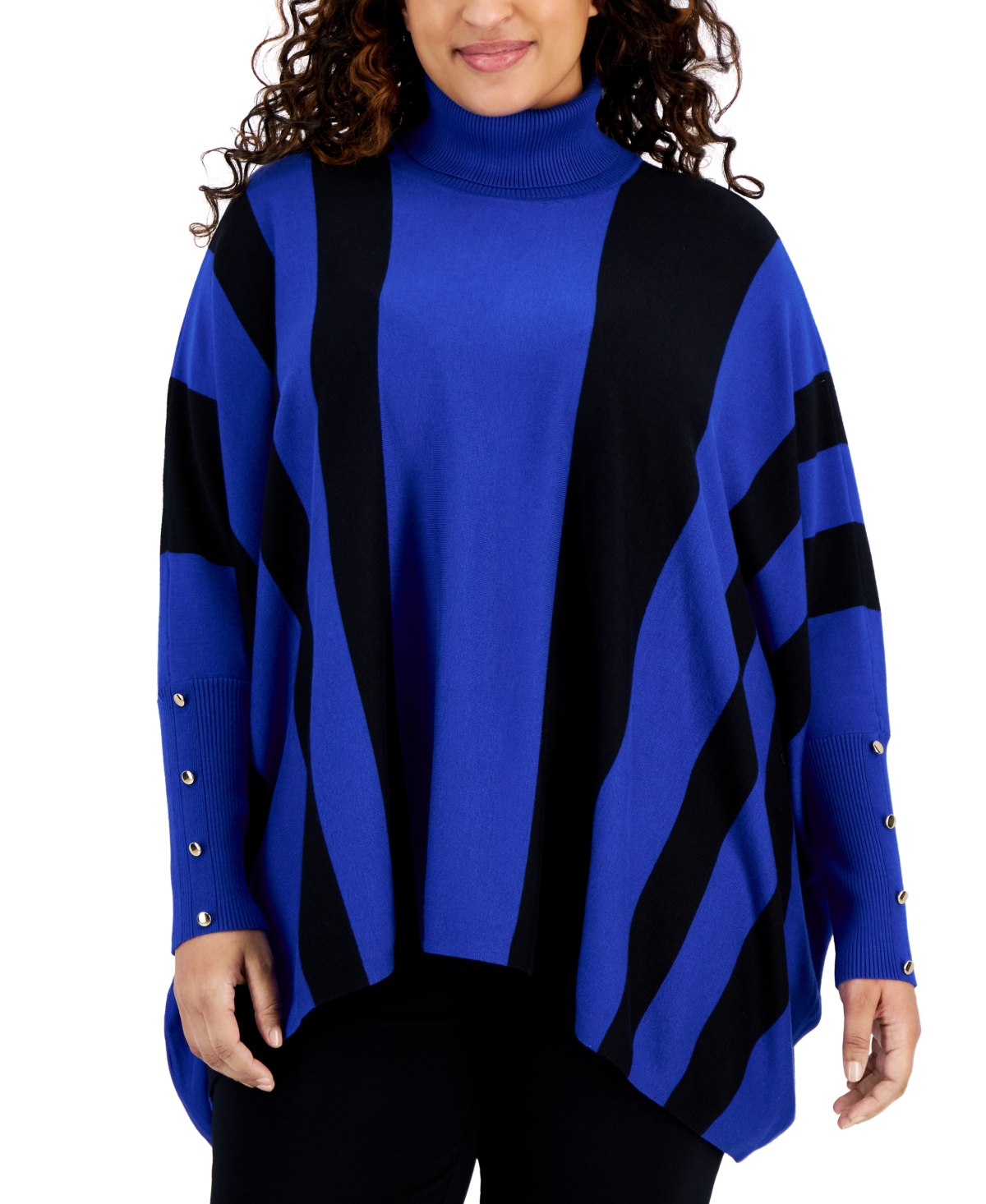Plus Size Striped Turtleneck Poncho Sweater, Created for Macy's - Modern Blue Combo