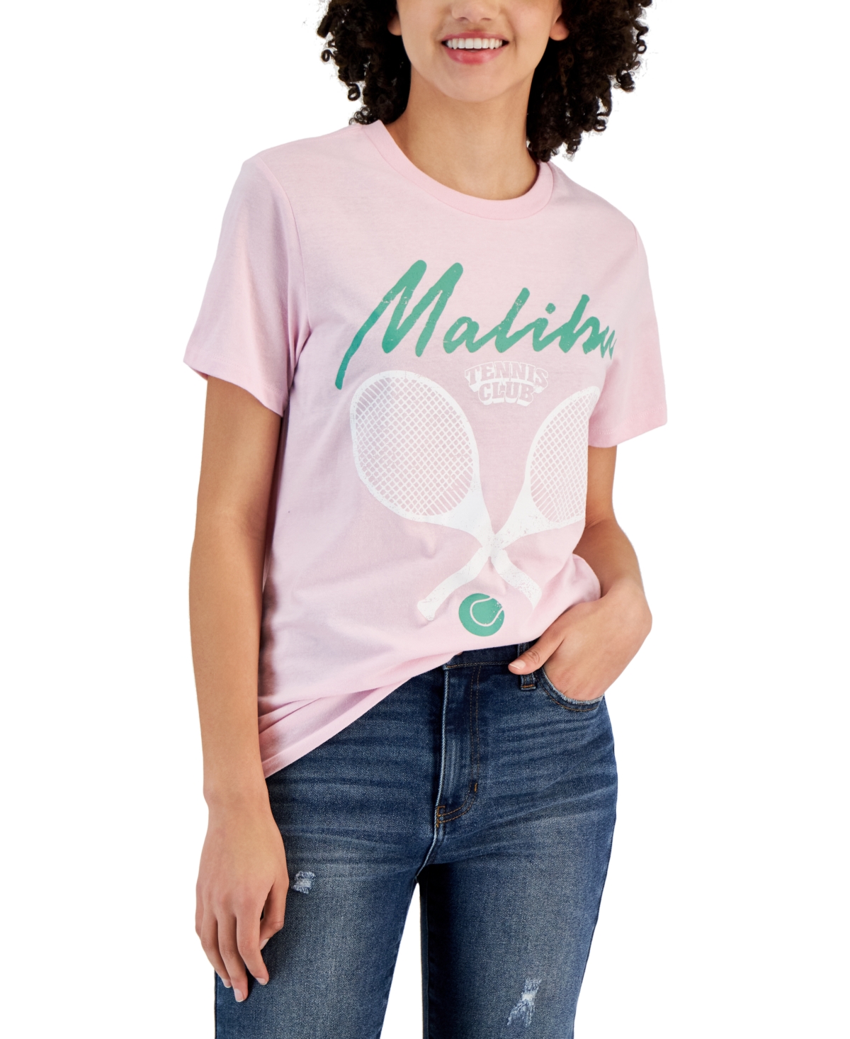 Juniors' Crewneck Short-Sleeve Malibu Graphic T-Shirt - Light Pink