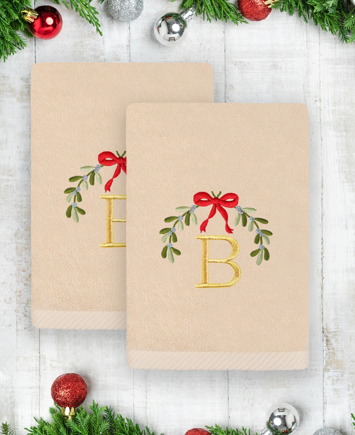 Linum Home Christmas Mistletoe Monogram Beige Embroidered Luxury Turkish Cotton Towels, 2 Piece - B
