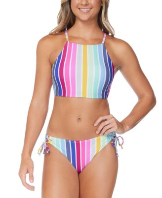 Raisins Juniors Kaori Highneck Striped Bikini Top Sweet Side Tie Bikini Bottoms In Multi Color