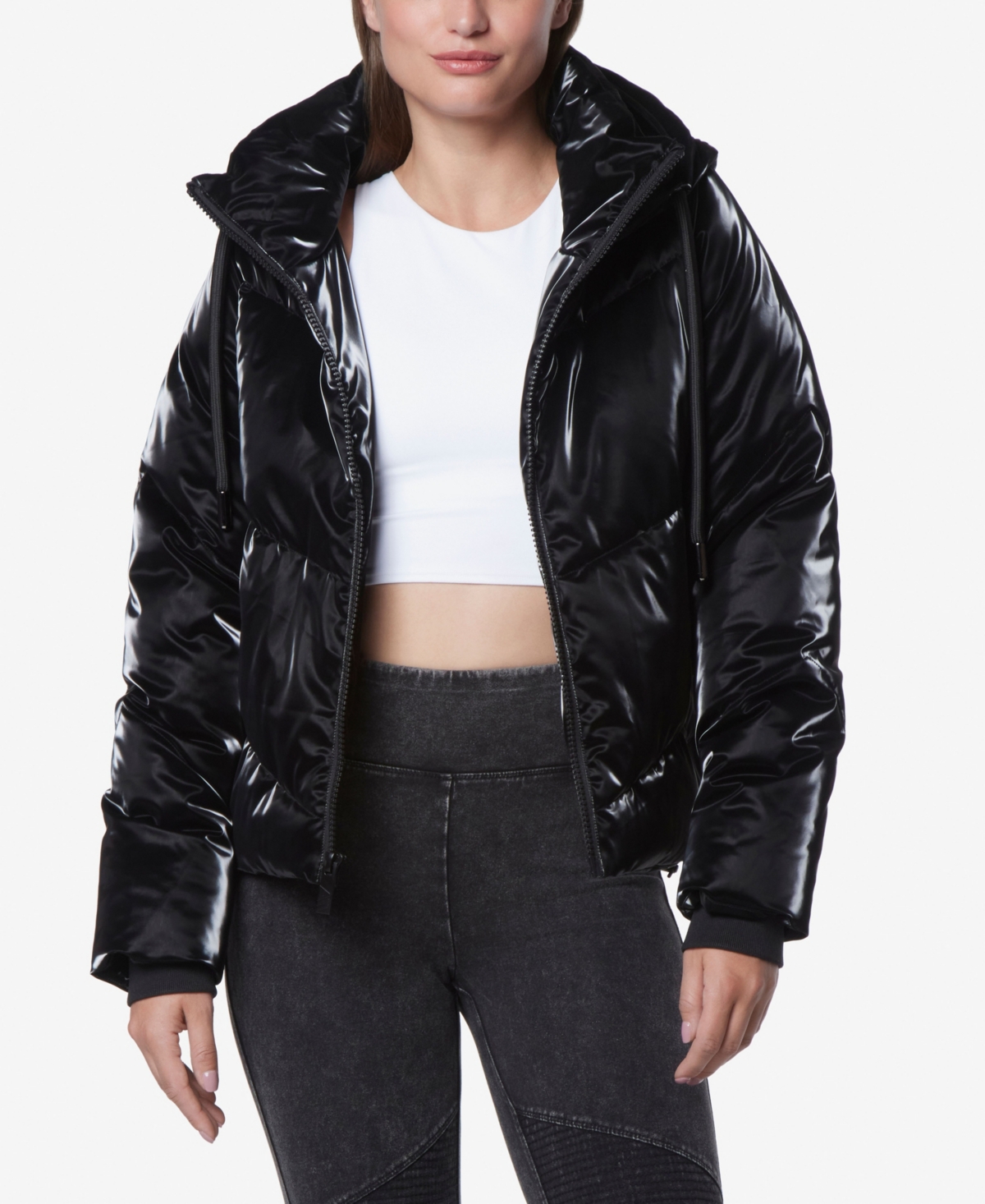 Women's Luxe Sheen Puffer Hooded Jacket - Black