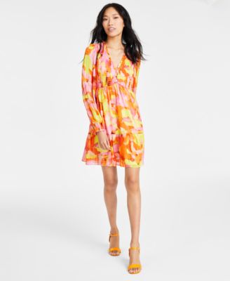 CeCe - Women's Printed Smocked Balloon-Sleeve A-Line Dress