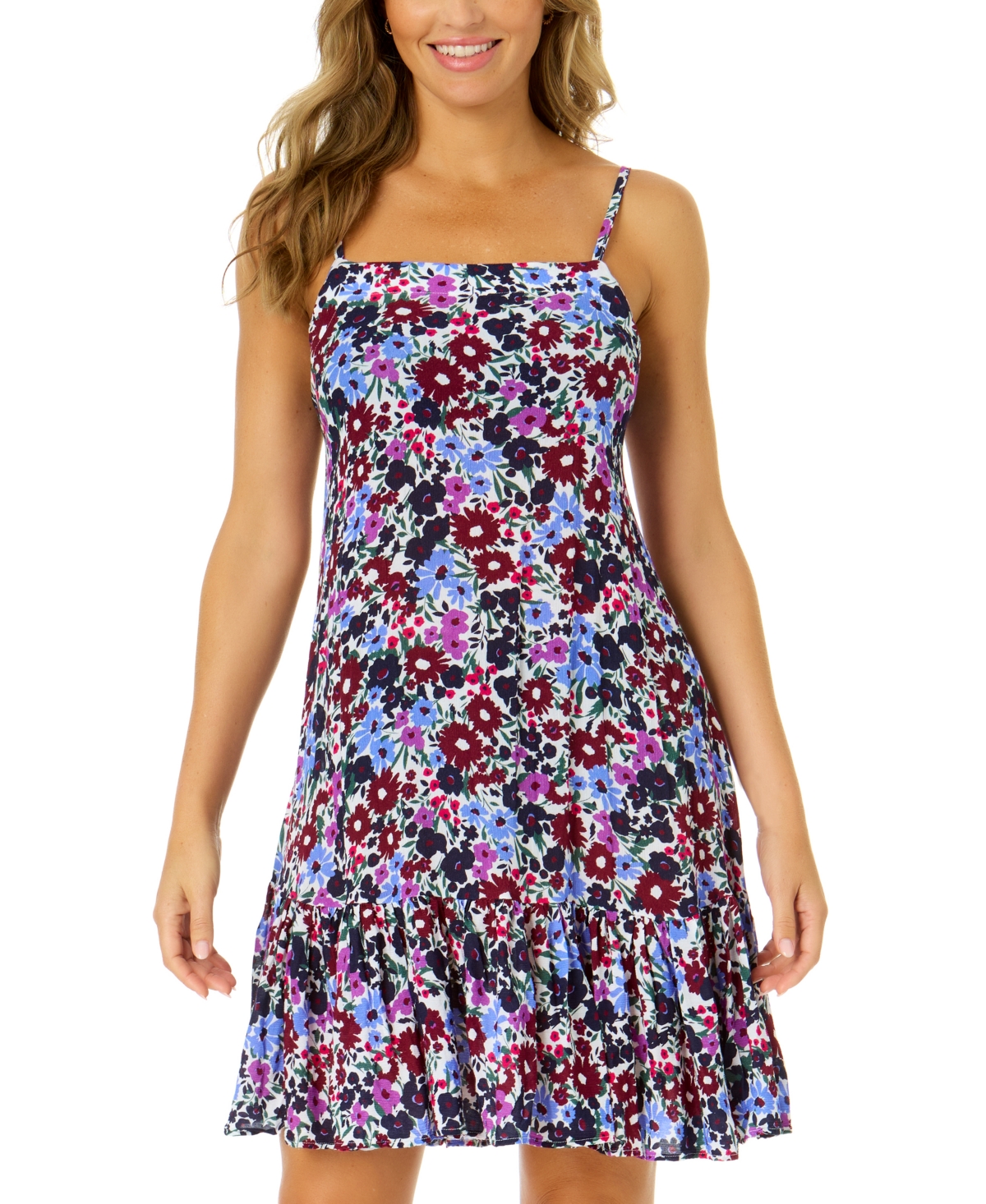 Anne Cole Women's Floral-print Ruffle Cover-up Dress In Navy Disty Floral