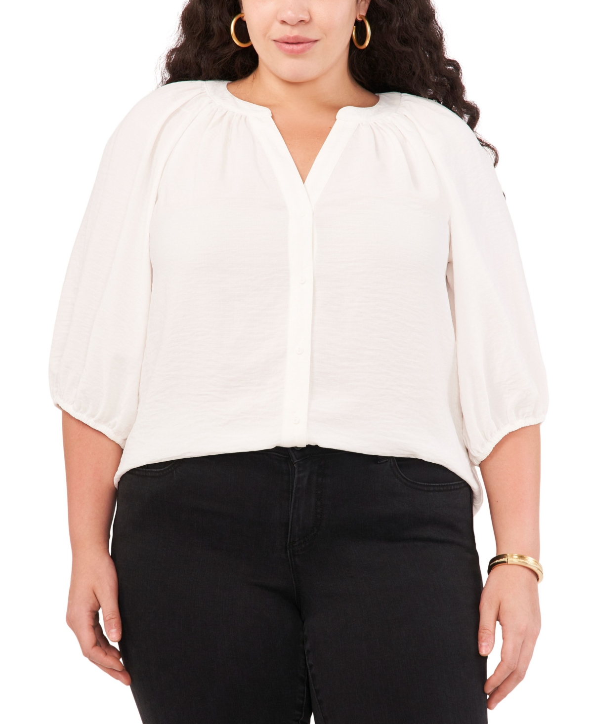 Shop Vince Camuto Plus Size Raglan Balloon-sleeve Split-neck Top In New Ivory