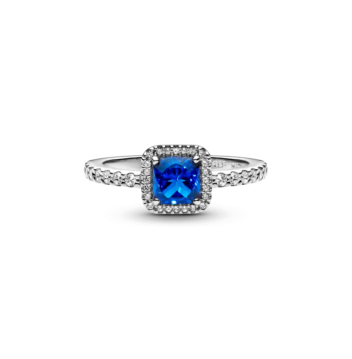 PANDORA CUBIC ZIRCONIA TIMELESS BLUE SQUARE SPARKLE HALO RING 