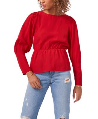 1.STATE - Women's Round-Neck Long-Puff-Sleeve Peplum Top