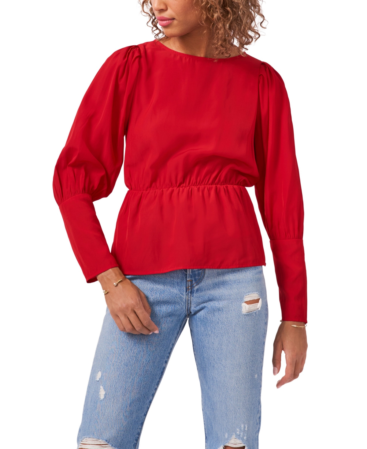 1.state Women's Round Neck Long Puff Sleeve Peplum Top In Vibrant Red
