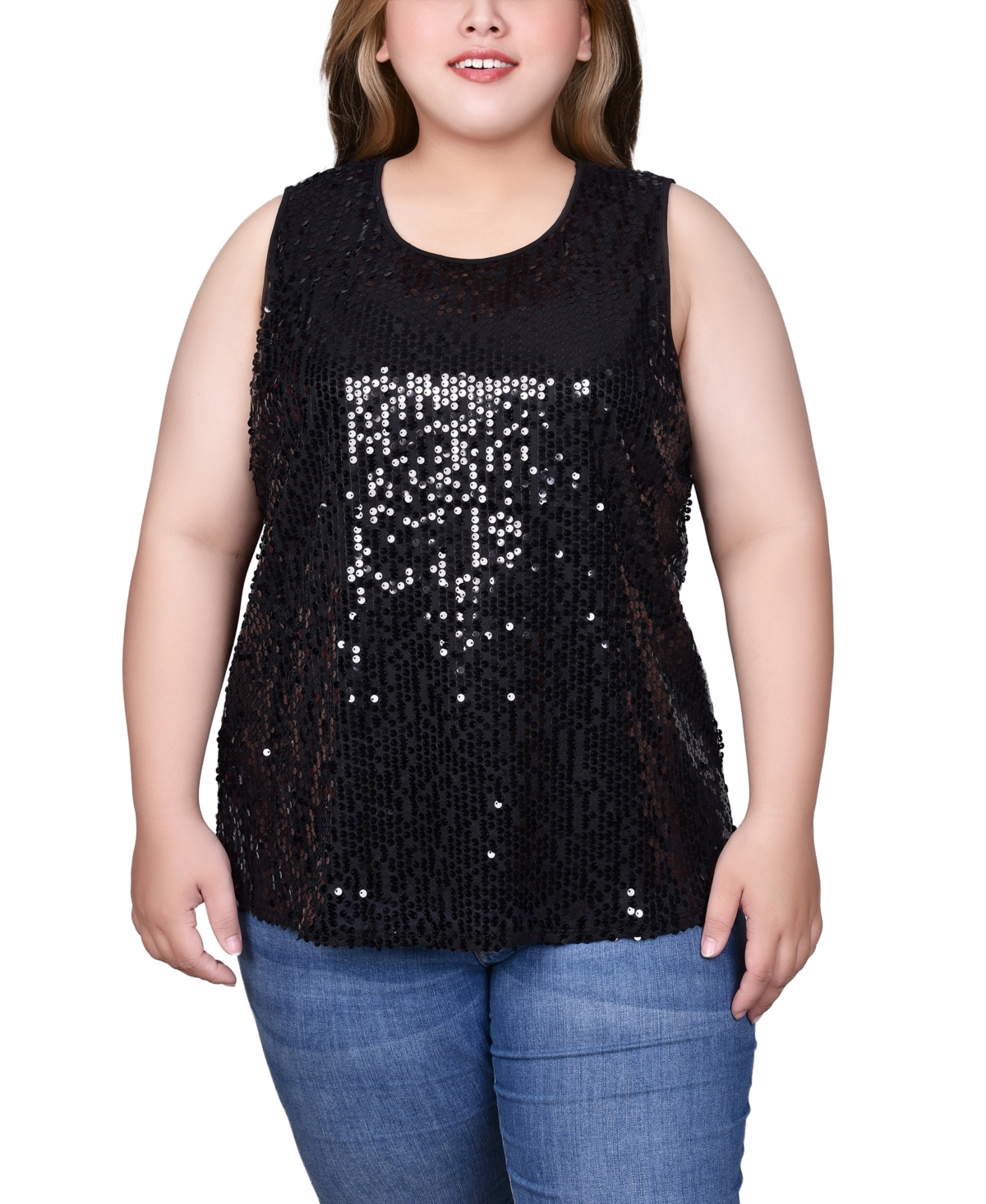 Ny Collection Plus Size Sleeveless Sequined Tank Top With Combo Banding In Black
