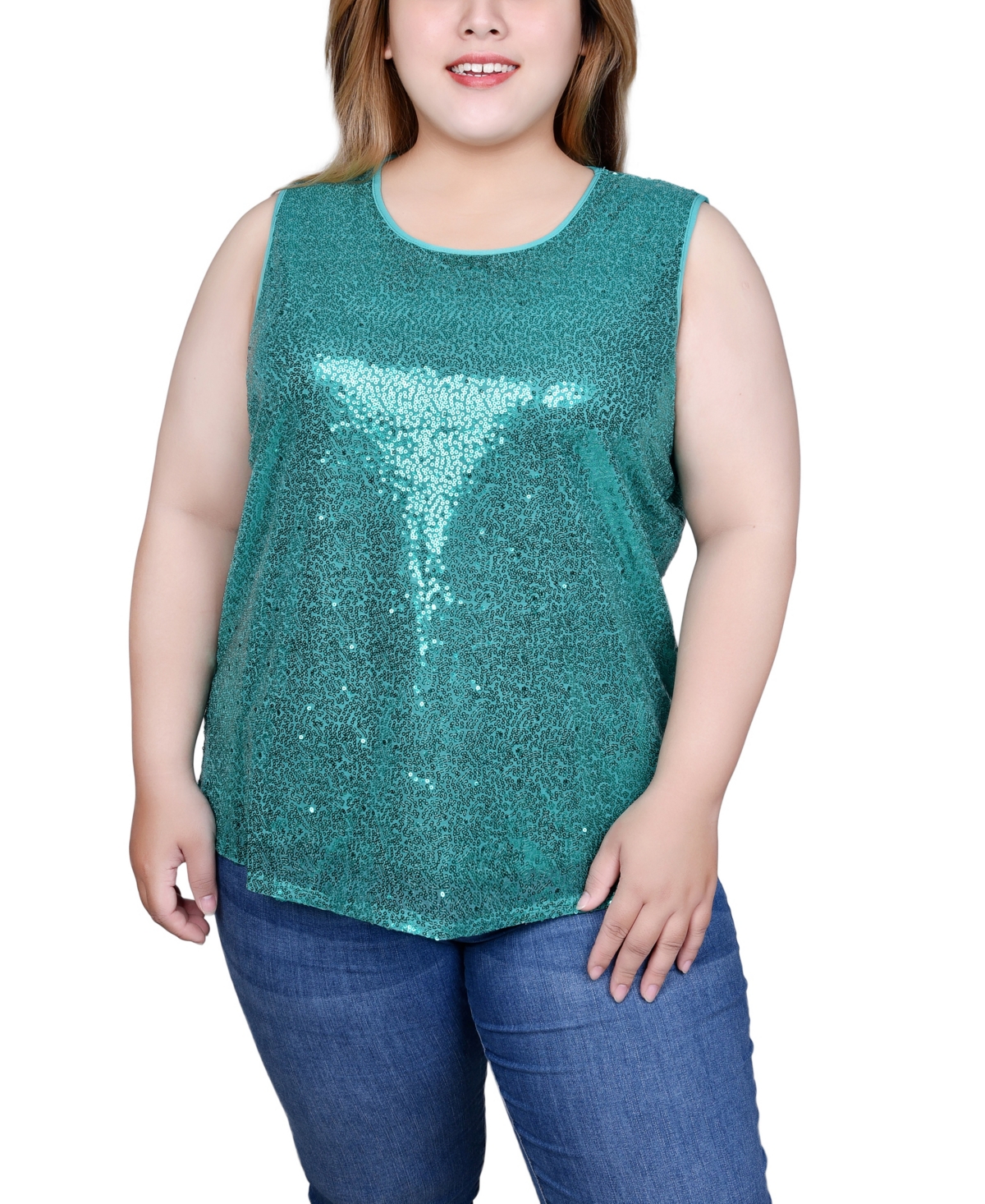 Ny Collection Plus Size Sleeveless Sequined Tank Top With Combo Banding In Emerald
