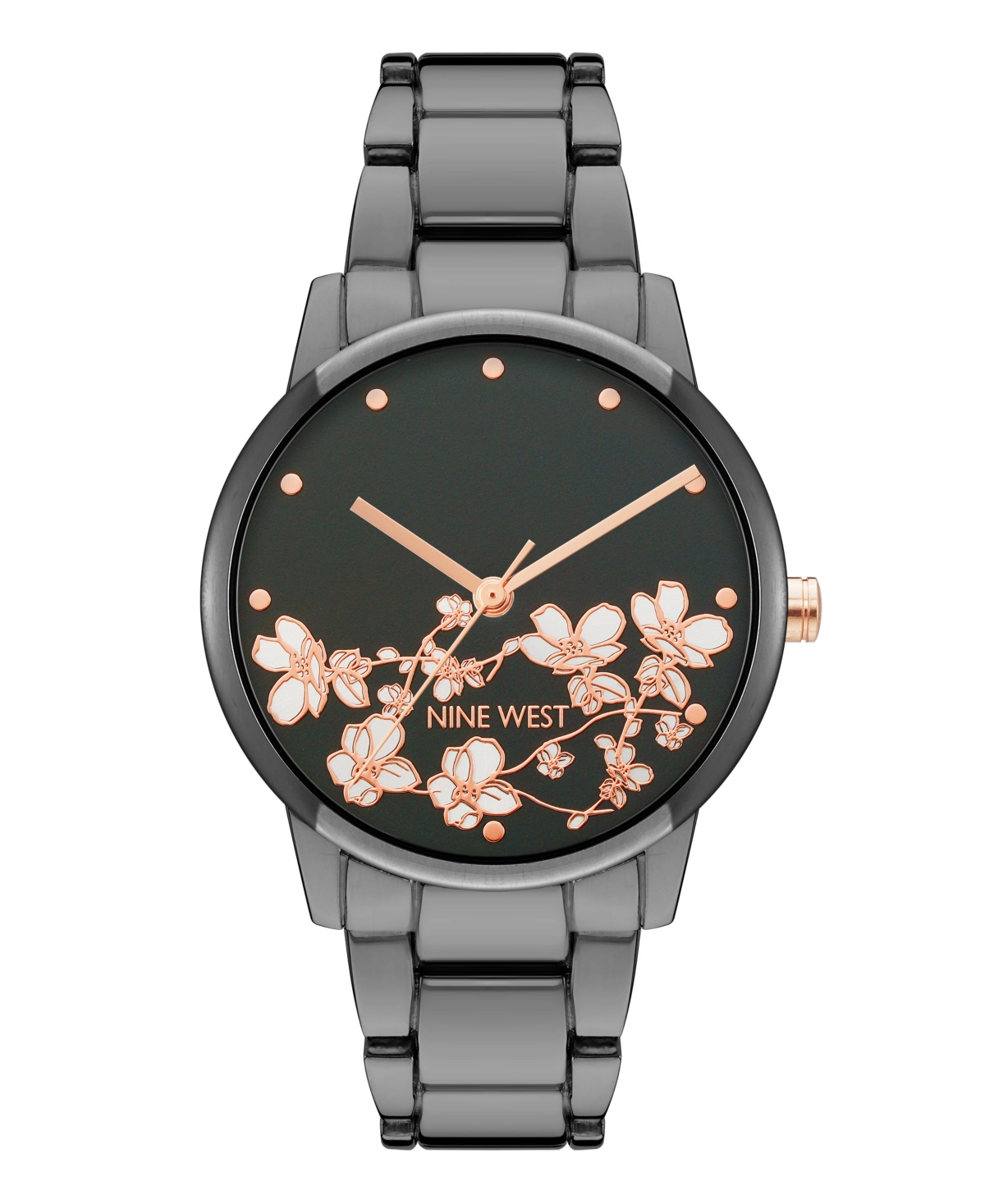 Nine West Women's Quartz Dark Gray Alloy Link Bracelet And Floral Pattern Watch, 35mm In Dark Gray,rose Gold-tone