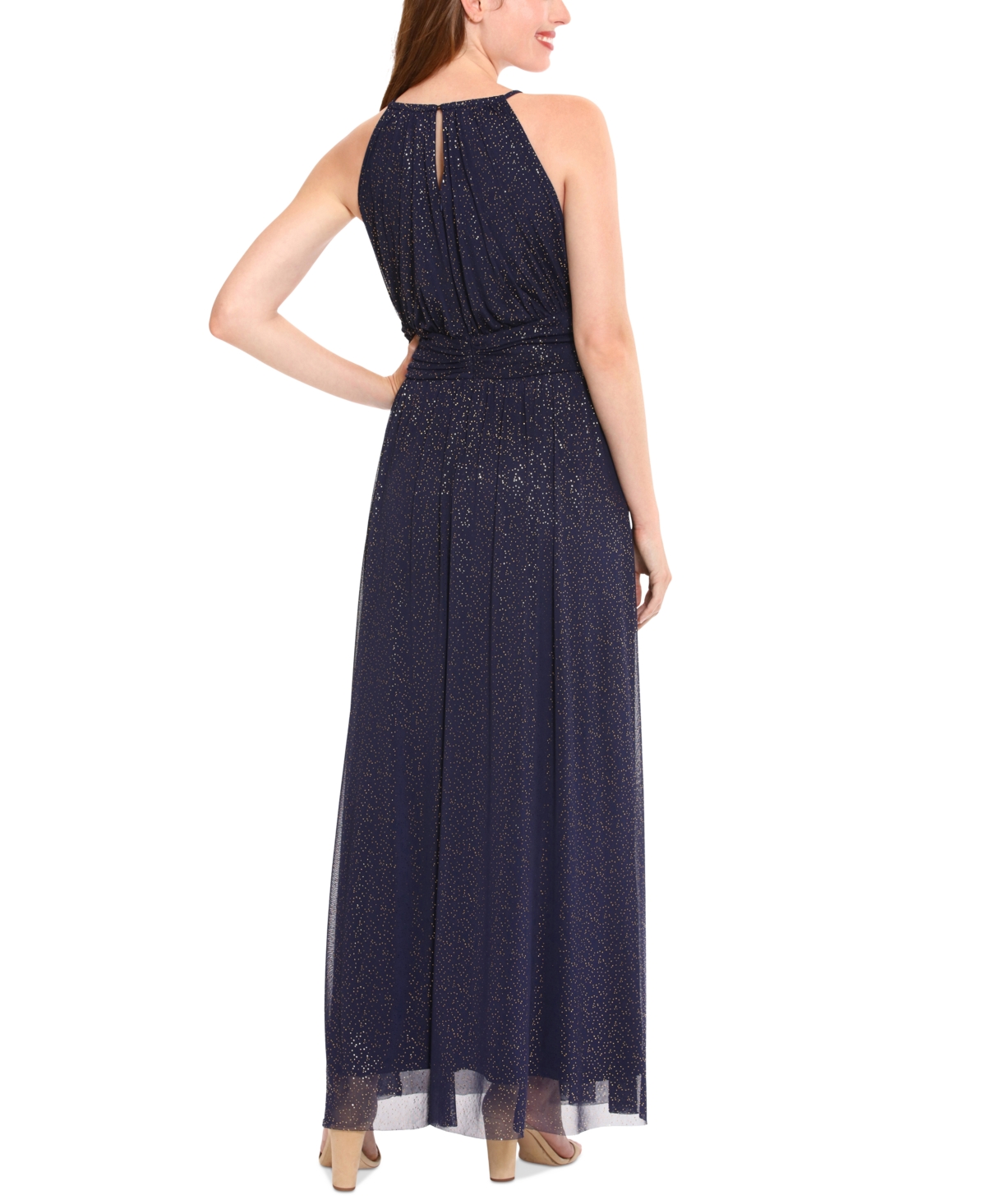 Shop London Times Women's Ruched Halter Maxi Dress In Gold,navy