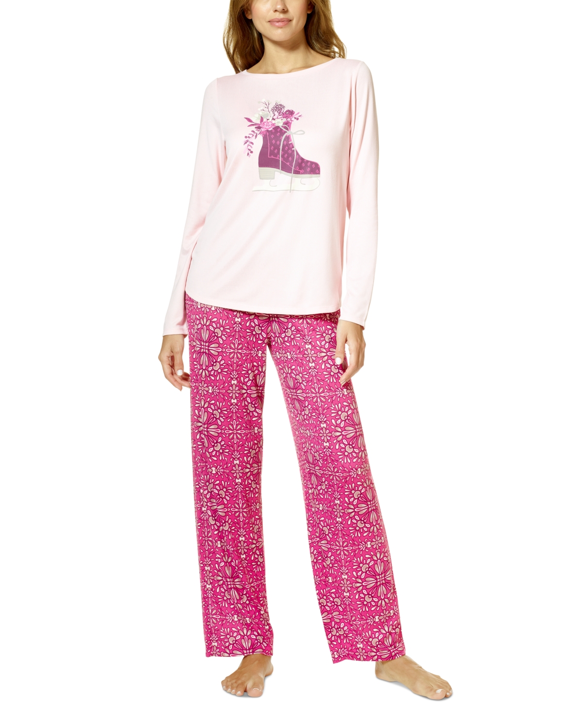 Hue Women's Skaters Bouquet Long-sleeve T-shirt And Pajama Pants Set In Lotus