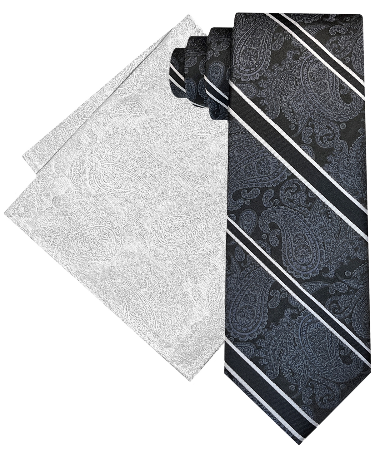 Men's Stripe Paisley Extra Long Tie & Pocket Square Set - Black