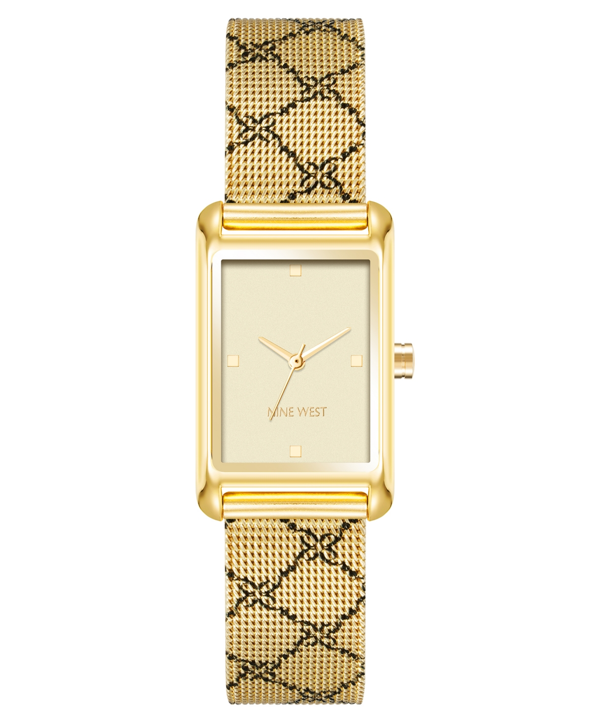 Nine West Women's Quartz Gold-tone Stainless Steel Mesh With Black Pattern Watch, 22mm In Black,gold-tone