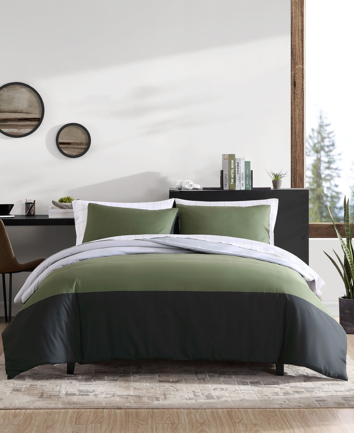 Eddie Bauer Skyline Stripe Reversible 3 Piece Comforter Set, Full / Queen In Olive Green,gray