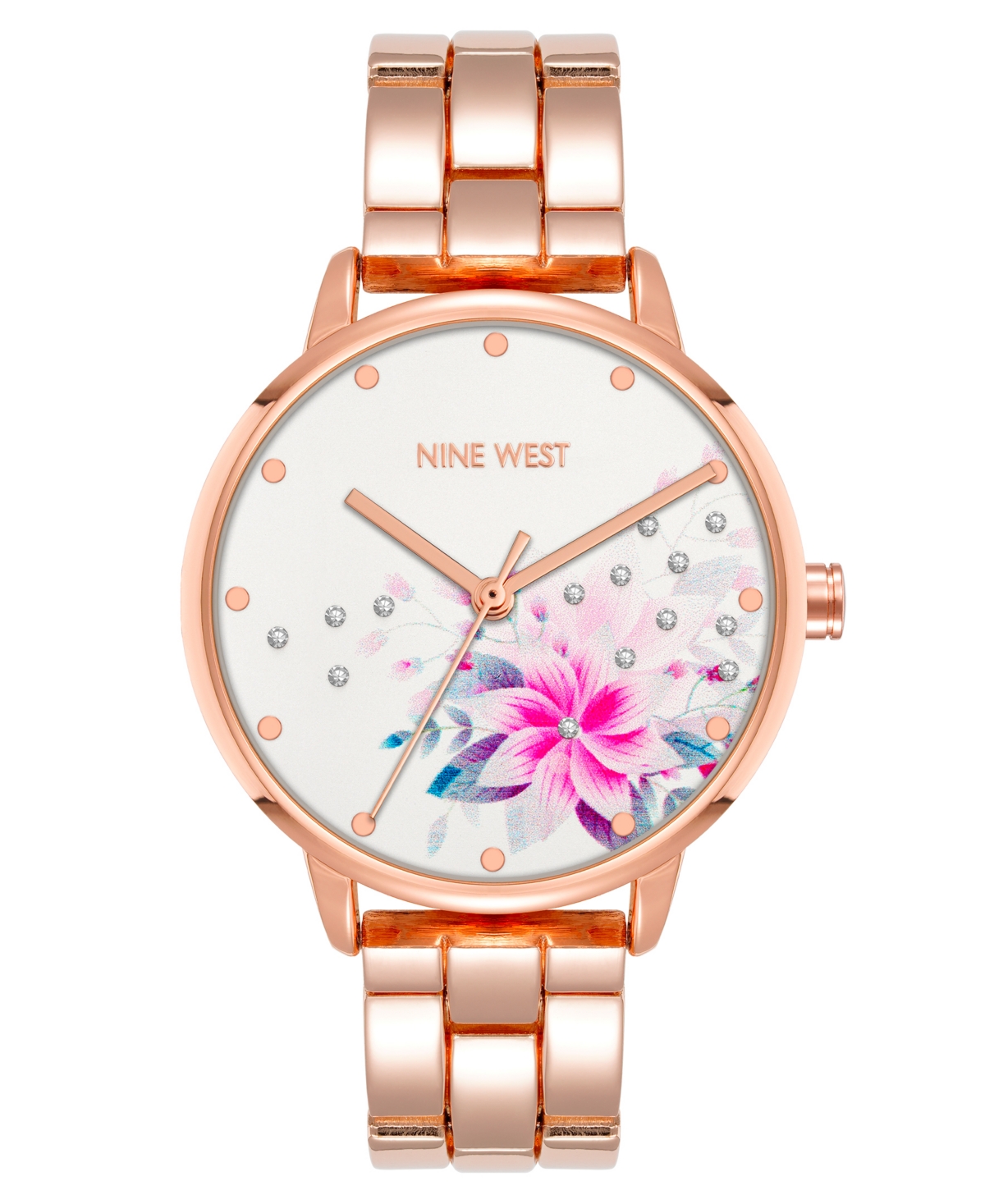 Nine West Women's Quartz Rose Gold-tone Alloy Link Bracelet And Floral Pattern Watch, 36mm