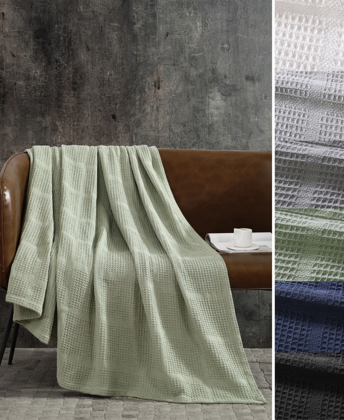 Kenneth Cole New York Essentials Waffle Grid Cotton Dobby Blanket, Full/queen In Sage Green