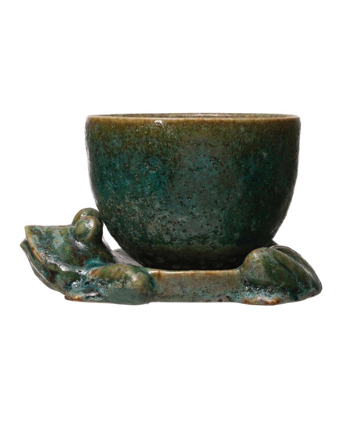 Stoneware Planter with Frog Base, Set of 2 Each - Green