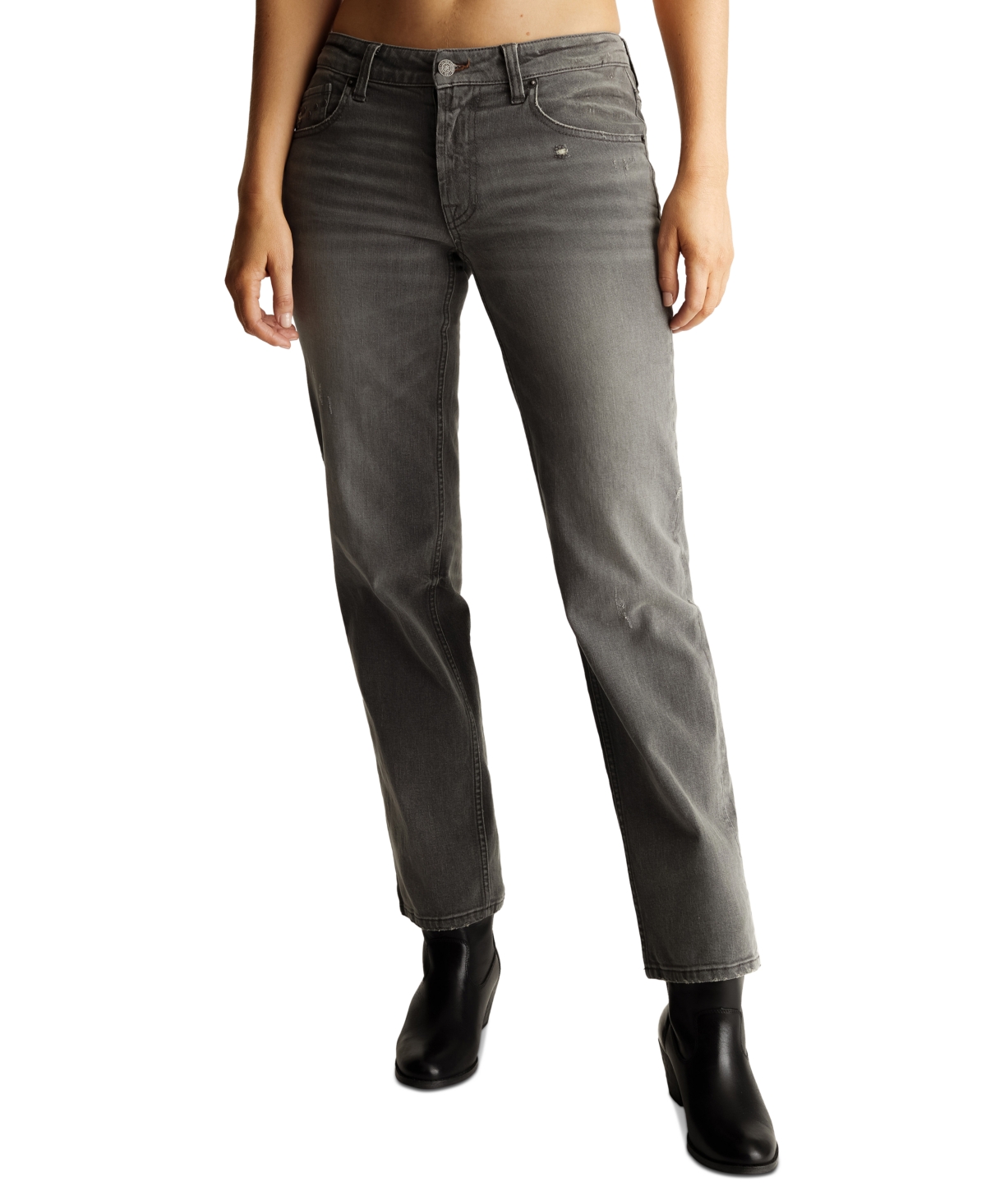 Women's Low-Rise Straight-Leg Studded Jeans - Rowan Wash, Grey/black Wash