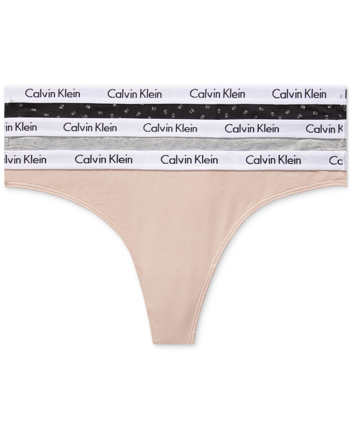 Calvin Klein Carousel Cotton 3-pack Thong Underwear Qd3587 In Tan,grey,black Ck Print