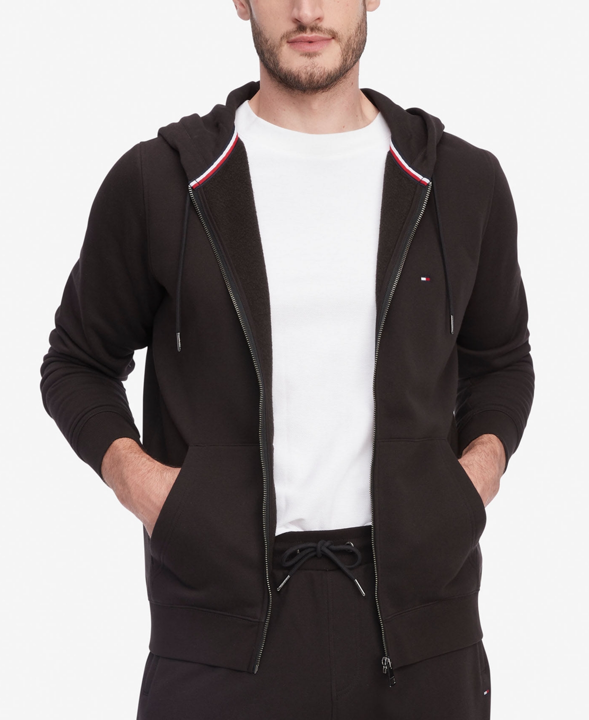 Tommy Hilfiger Men's Long Sleeve Zip-front Flag Logo Hoodie In Black