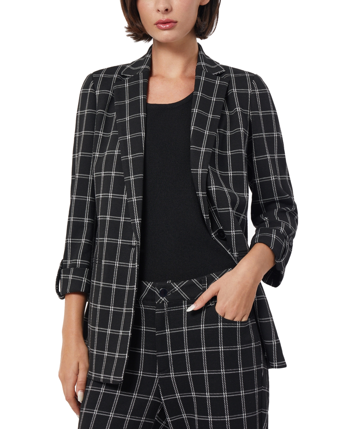 Jones New York Ponte Plaid Wing Collar Rolled Tab Blazer In Jones Black,jones White