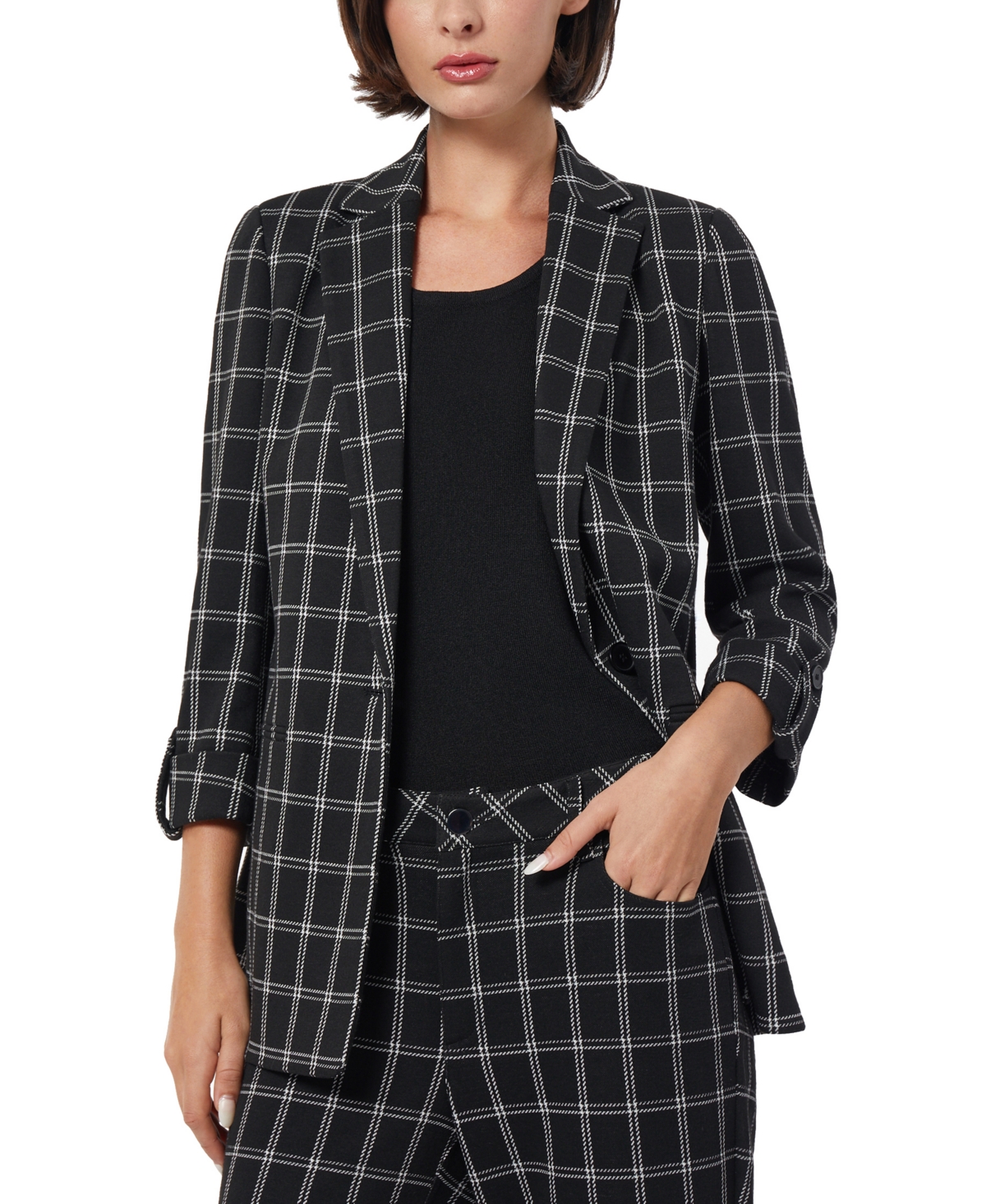 Shop Jones New York Women's Plaid Knit 3/4-sleeve Blazer In Jones Black,jones White