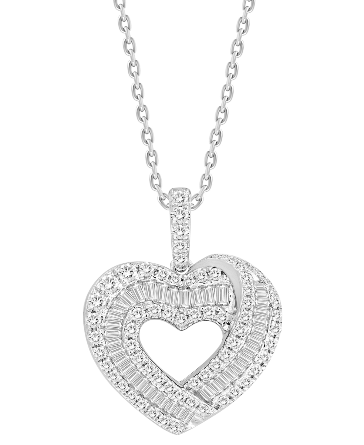 Macy's Diamond Round & Baguette Heart 18" Pendant Necklace (1-1/4 Ct. T.w.) In 14k White Gold
