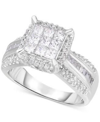 Diamond Princess Halo Cluster Engagement Ring (1 ct. t.w.) in 14k White ...