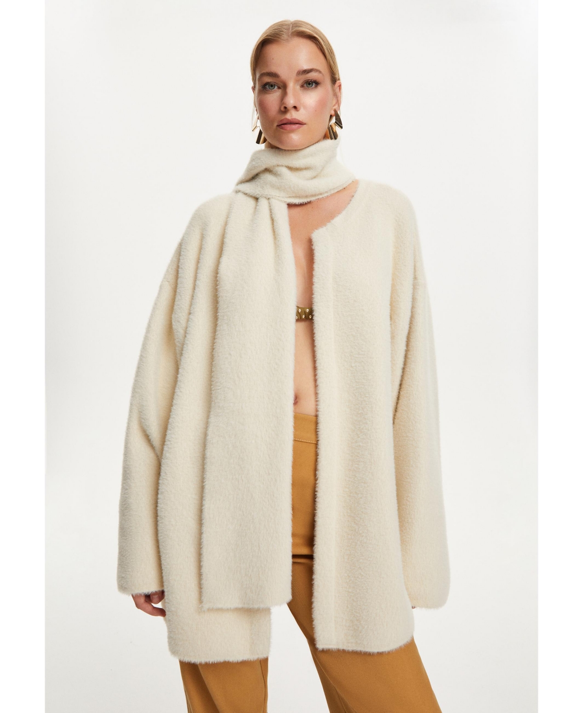 Women's Knit Cardigan with Removable Scarf - Light beige