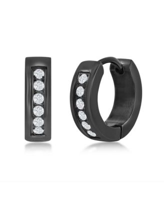 Stainless Steel 13mm Huggie Hoop Single Row Cz Earrings - Black 26$