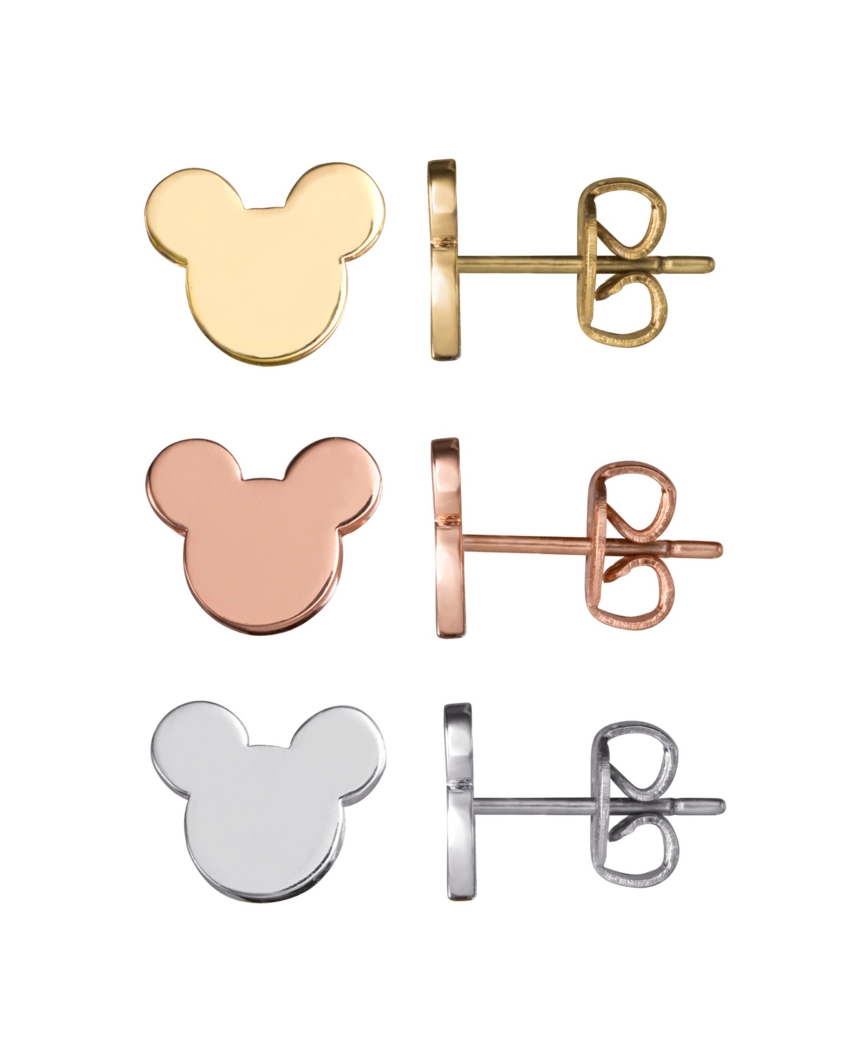 Mickey Mouse Plated Stud Earrings Set, Tri-color - 3 Pairs - Gold, silver, pink tone