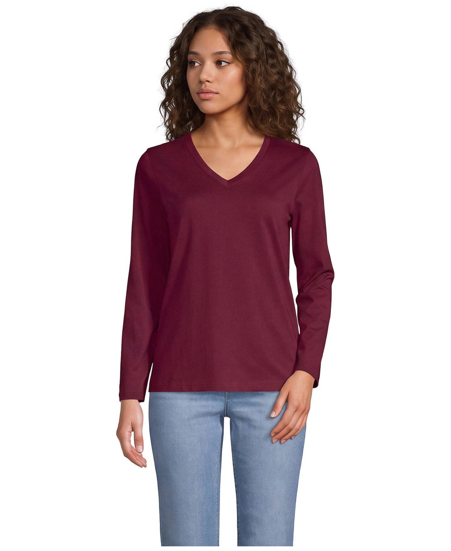 Женская футболка Lands' End Supima Cotton Long Sleeve V-Neck, цвет: Насыщенный бордовый — фото 1