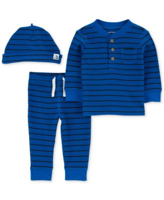 Carter's - Baby Boys 3-Pc. Stripe Waffle-Knit Cap, Henley & Pants Set