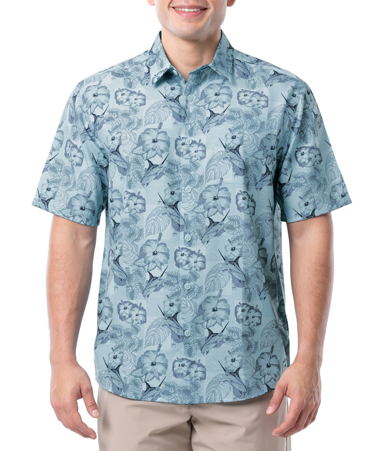 Men's Short-Sleeve Marlin Floral Fishing Shirt - Iced Aqua
