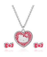 Sanrio Hello Kitty Fashion Jewelry Set, Heart Necklace and Bow Stud Earrings, Officially Licensed - Silver tone, pink