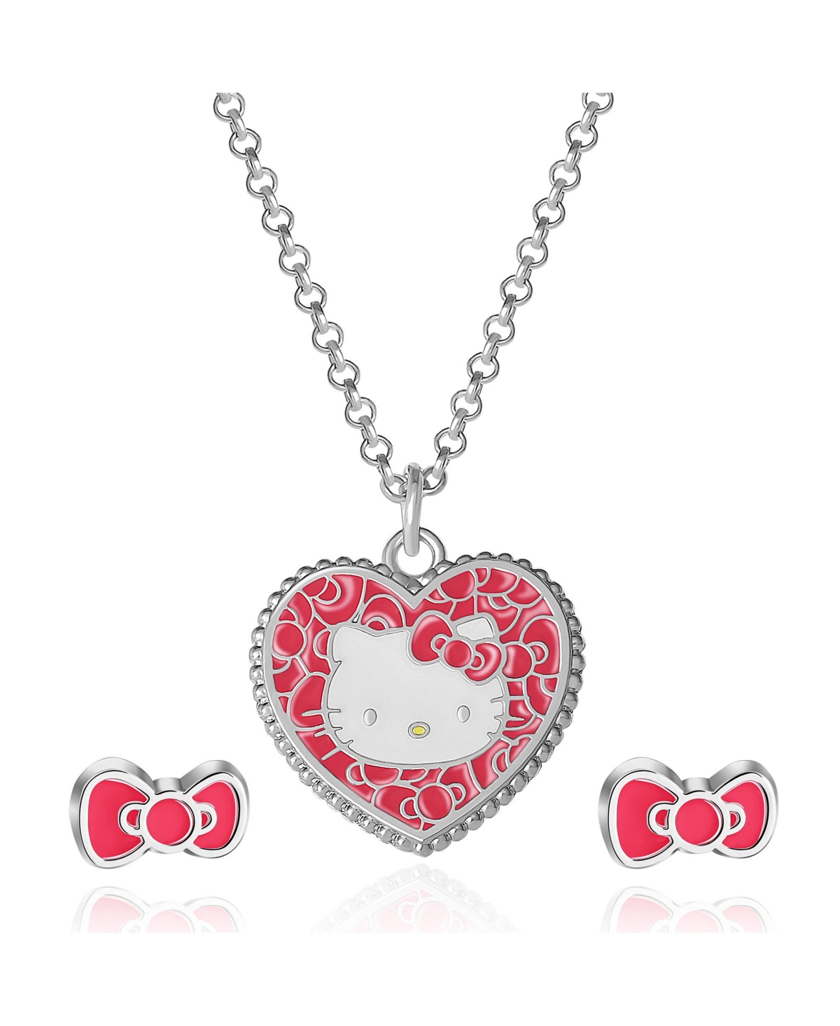 Sanrio Hello Kitty Fashion Jewelry Set, Heart Necklace and Bow Stud Earrings, Officially Licensed - Silver tone, pink