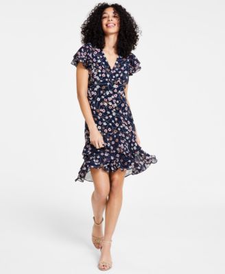 Tommy Hilfiger Women's Floral-Print Flutter-Sleeve Dress - Macy's