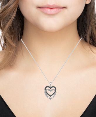 Black & White Diamond Double Heart 18" Pendant Necklace (1/6 ct. t.w.) in Sterling Silver