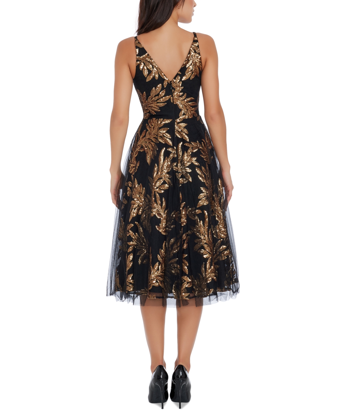 DRESS THE POPULATION WOMEN'S COURTNEY SEQUIN AND TULLE DRESS 